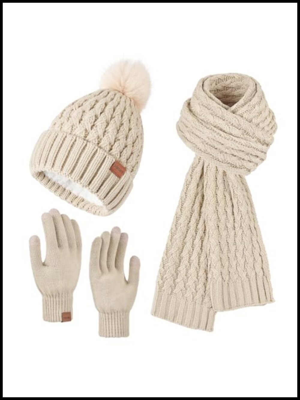 3 Piece Knit Beanie Scarf Touchscreen Gloves Set Fleece Lined Winter